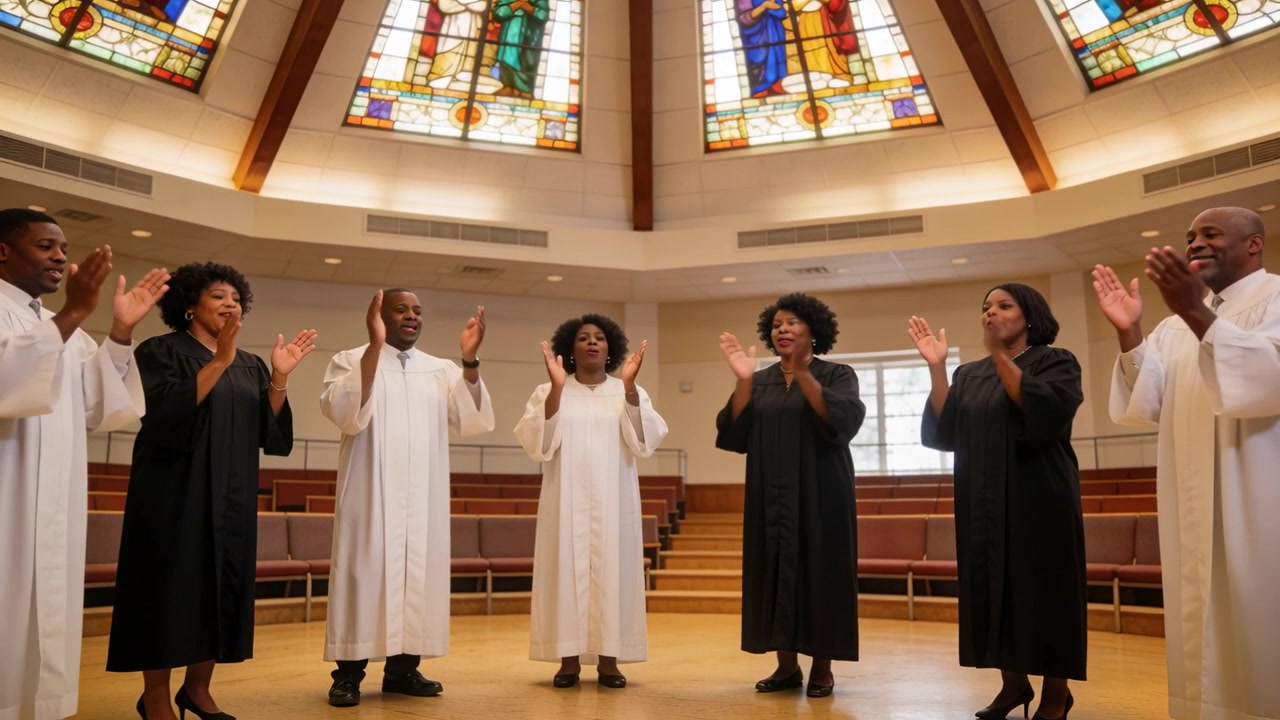 Cueing 7 choir singing, clapping, moving closer in choir robes under stained glass for worship