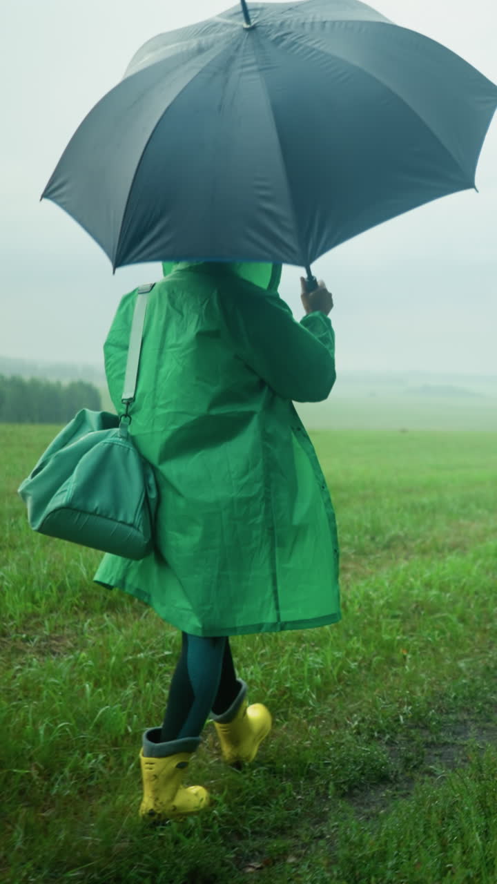 задний вид женщины в зеленом плаще с мягкой сумкой, открывающей зонтик во время прогулки по тропе, окруженной зеленью и деревьями под туманным небом