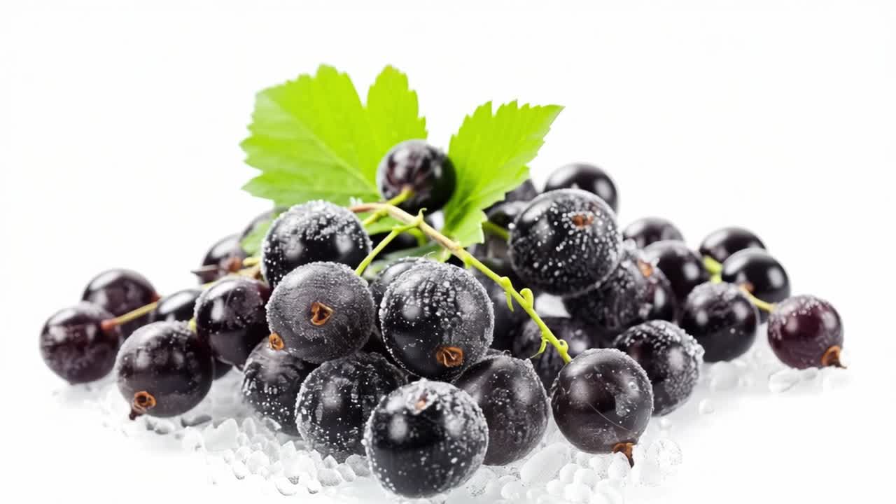 Fresh frozen blackcurrants glistening with ice crystals, surrounded by vibrant green leaves, create an enticing and healthy visual, capturing the essence of refreshing summer flavors