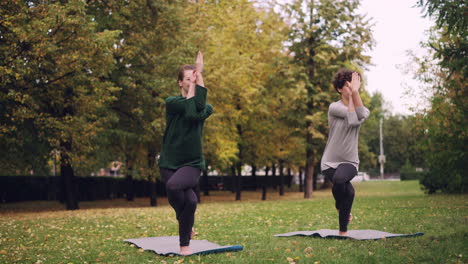 dos mujeres practicando yoga en un parque