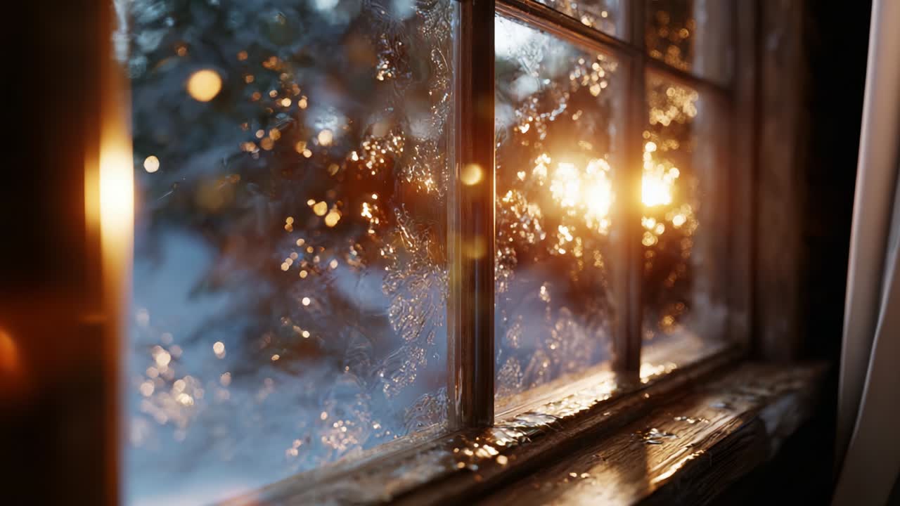Captivating Winter Sunset: A Tranquil View Through a Frosted Window, Illuminating the Soft Glow of Nature's Beauty as Day Transitions to Night, Reflecting Warmth and Calm Atmosphere