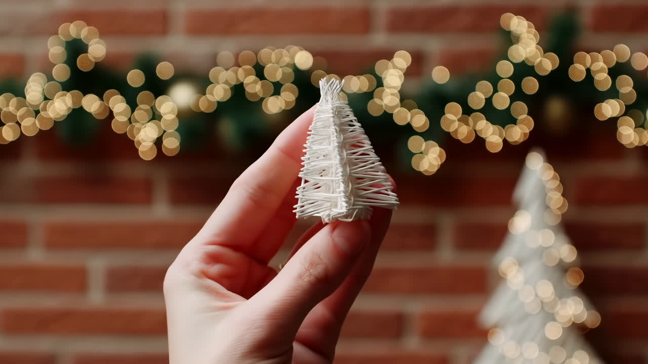 Ruka držící malou bílou vánoční ozdobu s bokeh světly