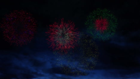 animación de coloridos fuegos artificiales de navidad y año nuevo que explotan en el cielo nocturno