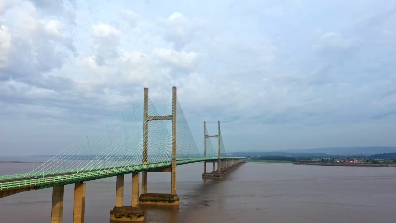 Low static aerial view of the Prince of Wales Bridge, Second Severn Crossing looking towards Waler