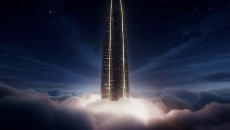 futuristic skyscraper piercing clouds at night