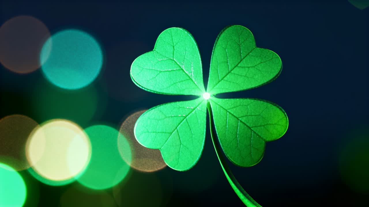 Pulling focus camera revealing green fourleaf clover at macro, showing veins, stem and left bokeh