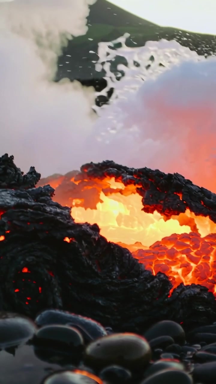Vertical video: Shifting lava crust revealing molten core over pebbles, sea contact producing steam