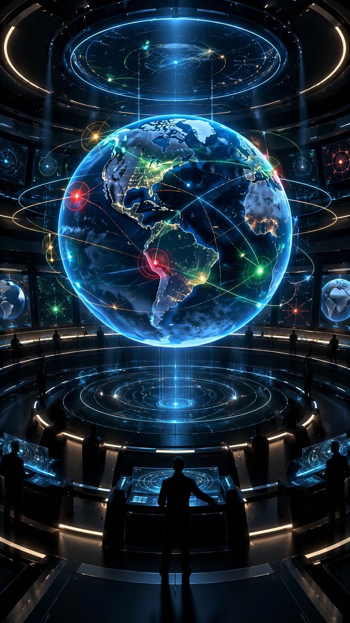 Blue digital globe turns slowly at center of dark high-tech chamber as network points and curved light paths surround it, with lone figure viewed from behind at illuminated console.