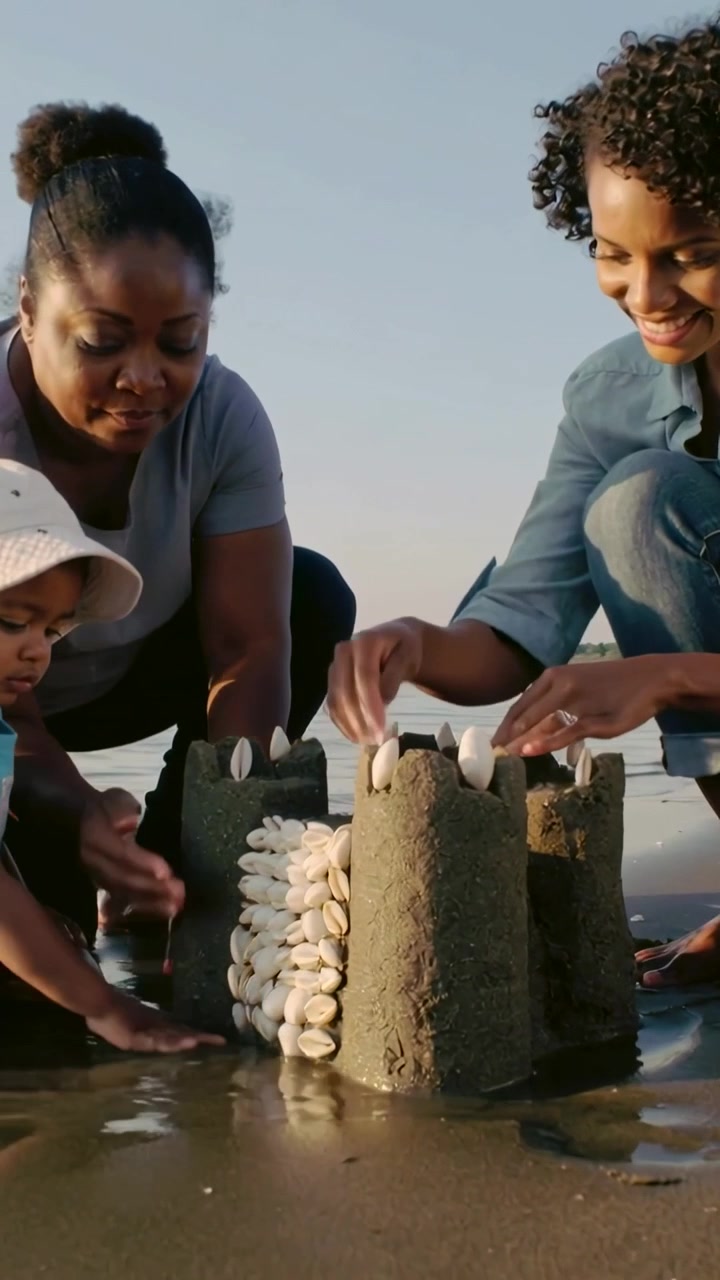 Video verticale: Finendo un castello di sabbia, due donne che posizionano conchiglie sulla riva mentre un bambino tocca la sabbia