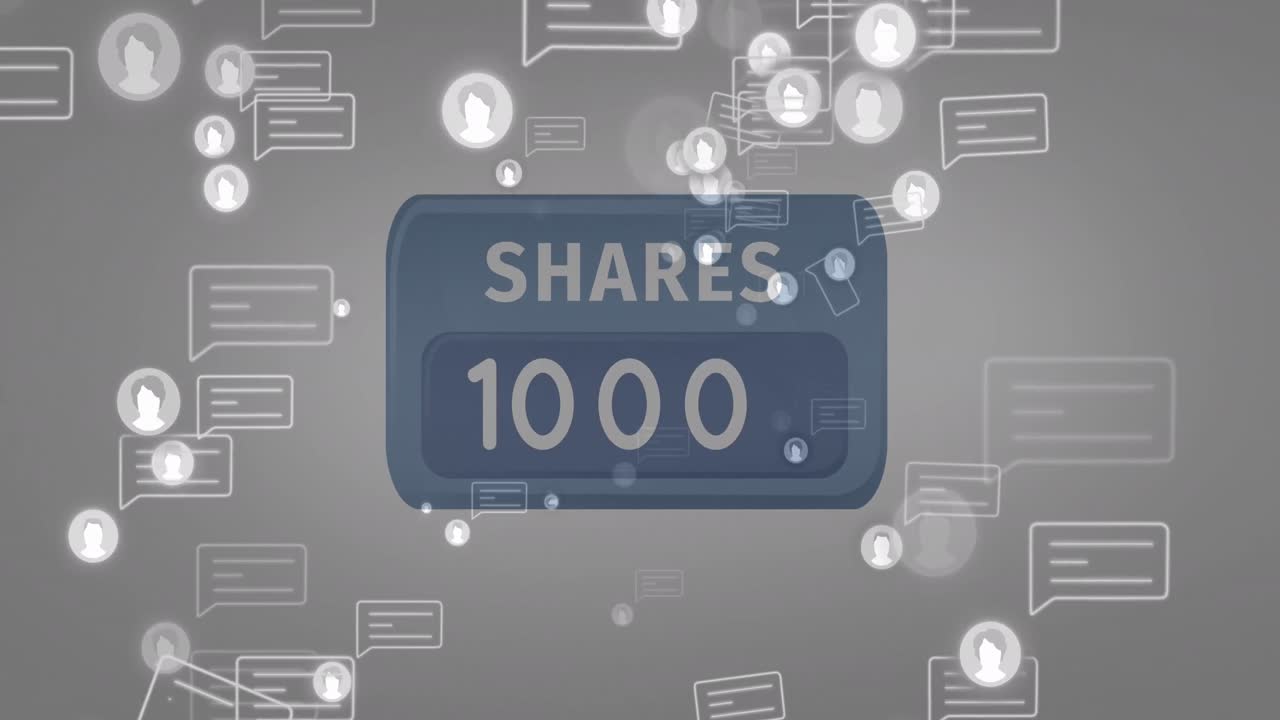 Animation of social media icons with speech bubbles over shares text with number