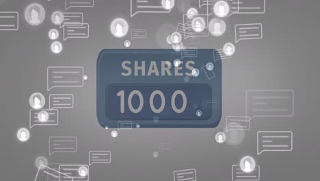 animation of social media icons with speech bubbles over shares text with number