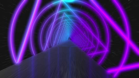 abstract flying in futuristic corridor with triangles, seamless loop 4k background, fluorescent ultraviolet light, colorful laser neon lines, geometric endless tunnel, blue pink spectrum,