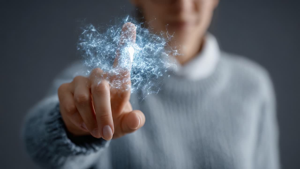 Uma Sequência Cativante Exibindo a Interação de uma Pessoa com uma Esfera de Energia Brilhante, Enfatizando Temas de Tecnologia, Magia e Visualização em um Cenário Moderno