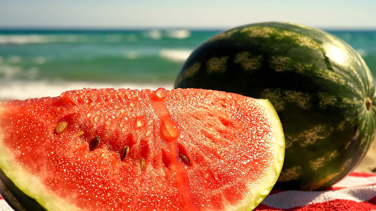 Fetta di anguria fresca e frutto intero su telo da spiaggia