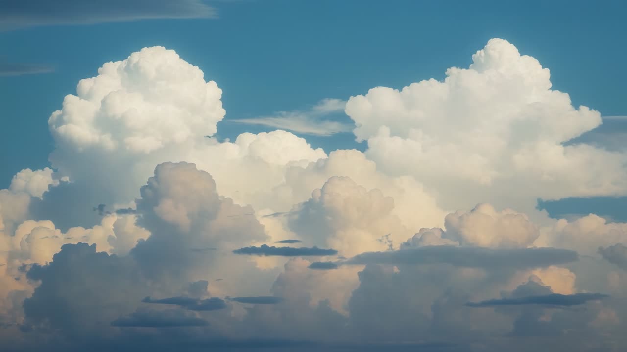 Recording cumulus clouds billowing and drifting in blue sky as sun descending, with golden glow