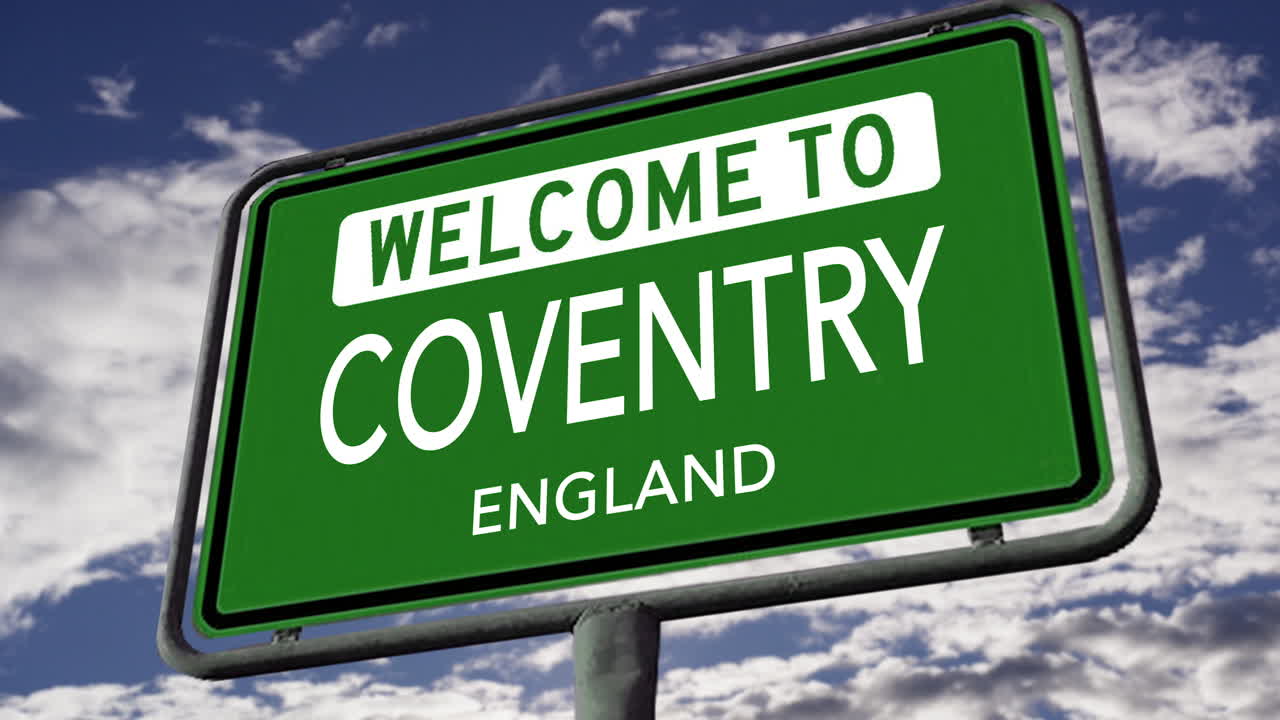 bienvenido a coventry, inglaterra, señal de la ciudad del reino unido, animación 3d realista