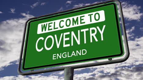 Welcome-to-Coventry,-England,-UK-City-Road-Sign,-Realistic-3D-Animation