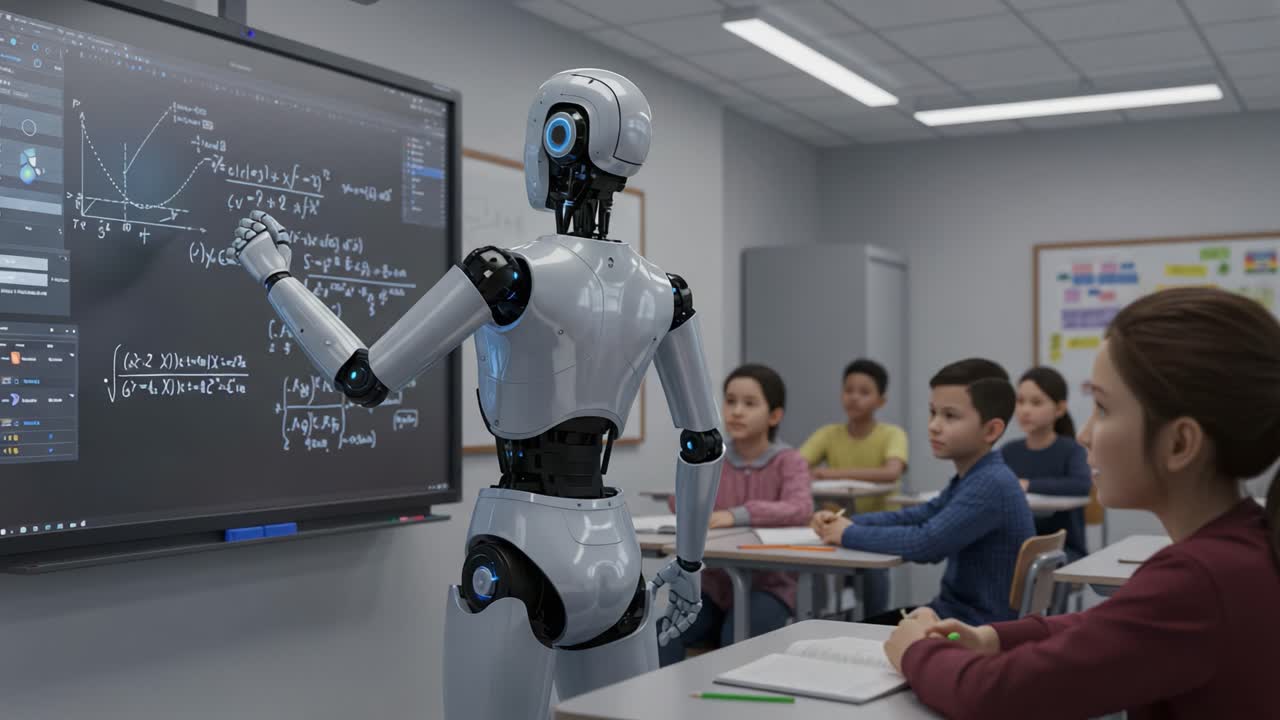 A futuristic classroom where a humanoid robot teaches students, demonstrating advanced mathematics on a digital screen, exemplifying the integration of AI in education