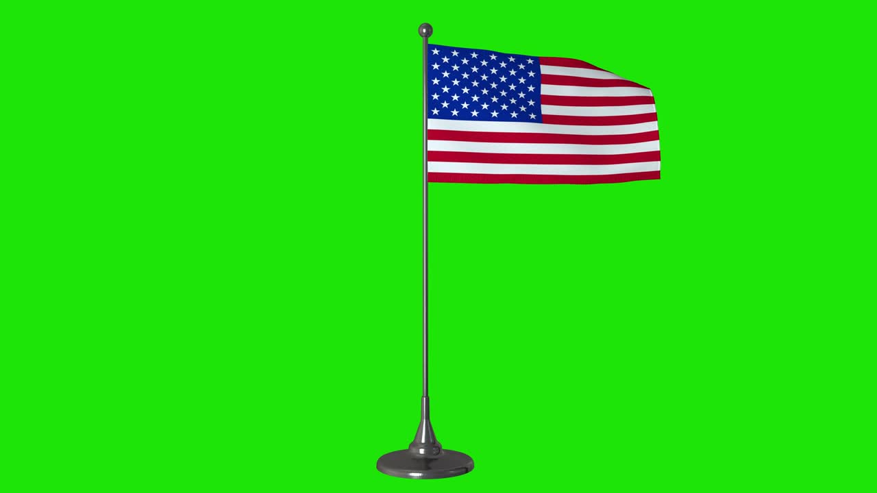 una pequeña bandera de los estados unidos revoloteando en un asta de bandera. fondo de pantalla verde, 4k