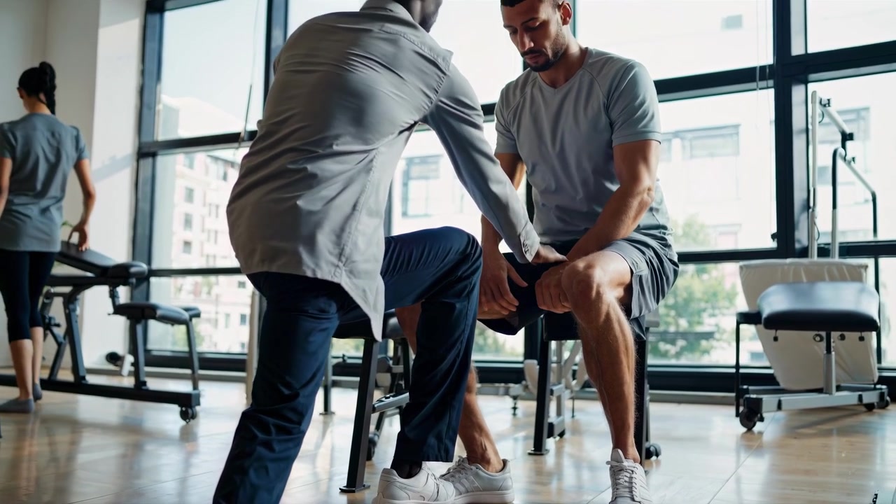 Physical Therapist Examining Patient's Knee in Clinic