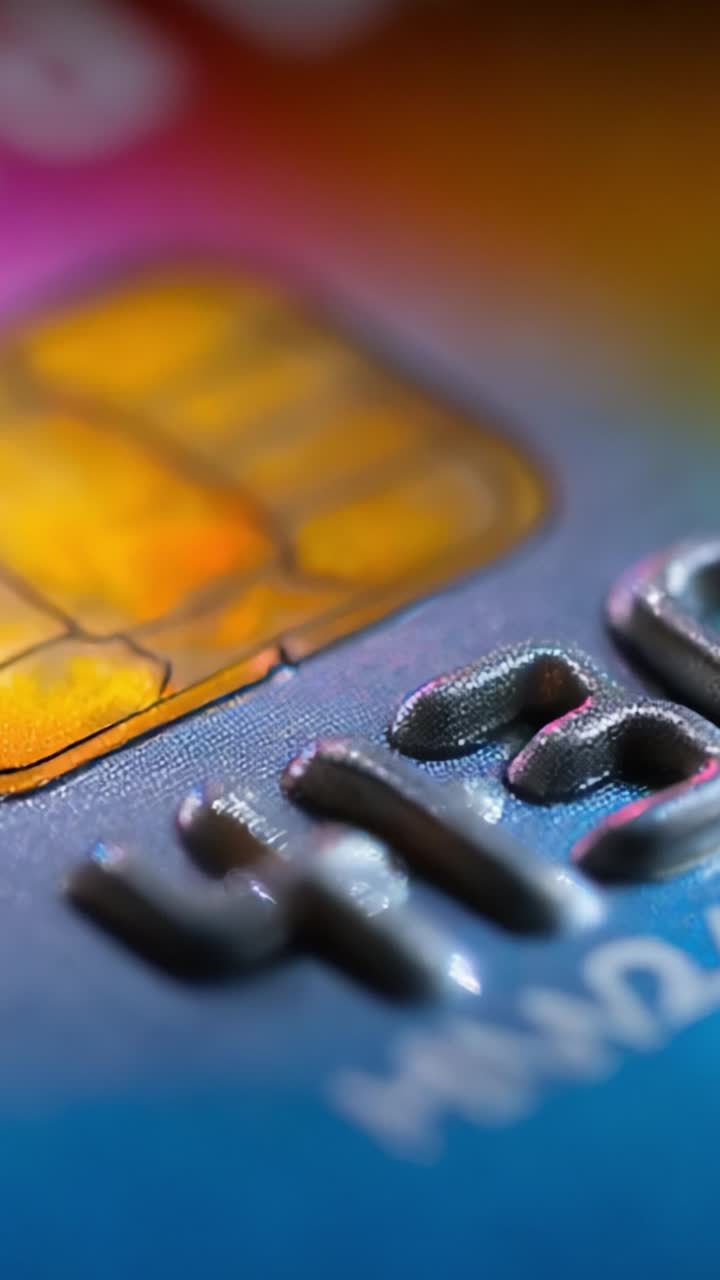Close-up Shots Capturing the Intricate Details of a Credit Card with Colorful Background and Textured Elements Highlighting the Chip and Card Number