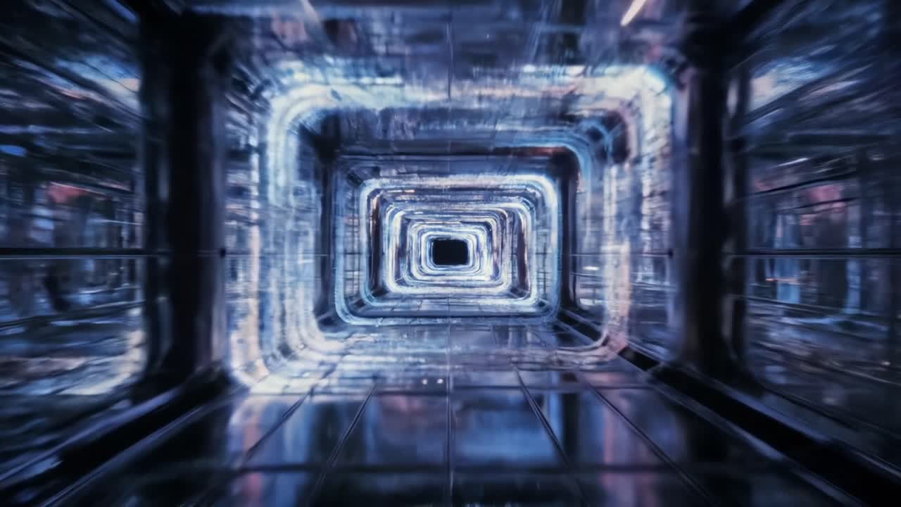 An Enthralling Journey Through a Futuristic Metallic Tunnel, Showcasing Depth and Light Reflections in an Immersive Visual Experience of Structural Elegance