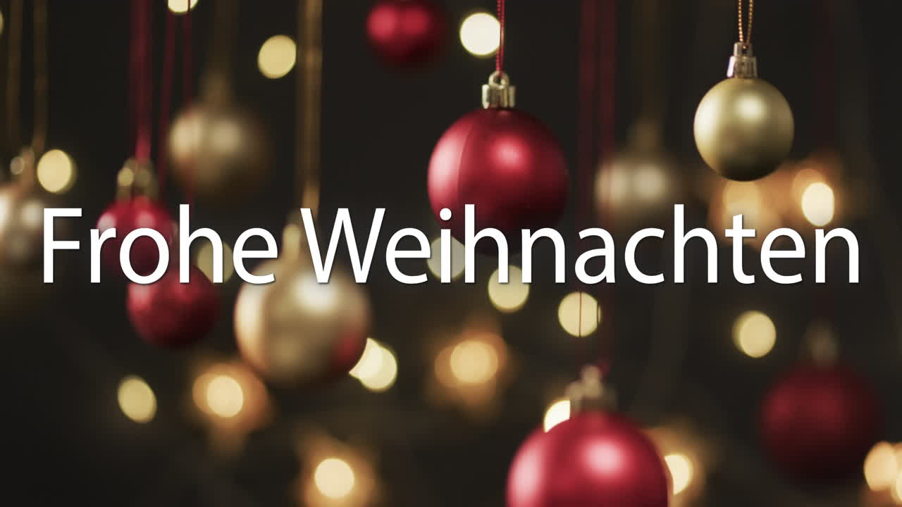 Text "Frohe Weihnachten" in Weiß über roten und goldenen Weihnachtskugeln auf dunklem Hintergrund