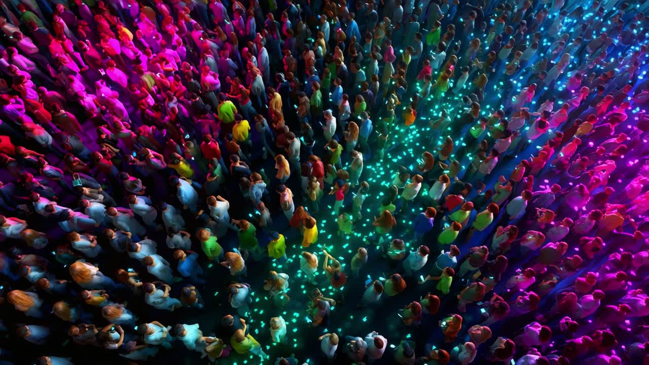Aerial View of a Vibrant Crowd Surrounded by Colorful Lights, Showcasing Interactivity, Energy and Engagement in a Dynamic Setting with Vivid Visuals and Gathered Individuals