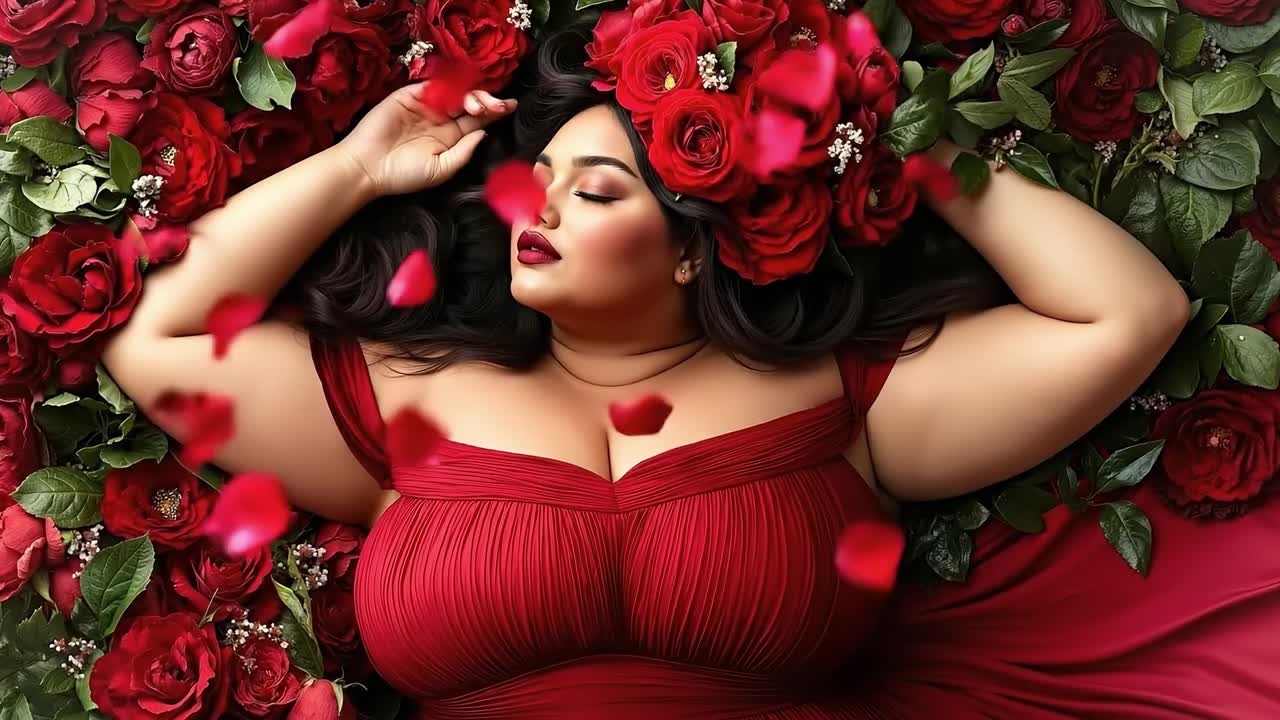 una mujer en un vestido rojo acostada en una cama de rosas rojas
