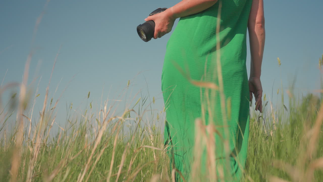 Rear view of woman in bright green dress walking through tall dry grass with gentle pace, holding object in hand, surrounded by sunlit meadow under clear blue sky