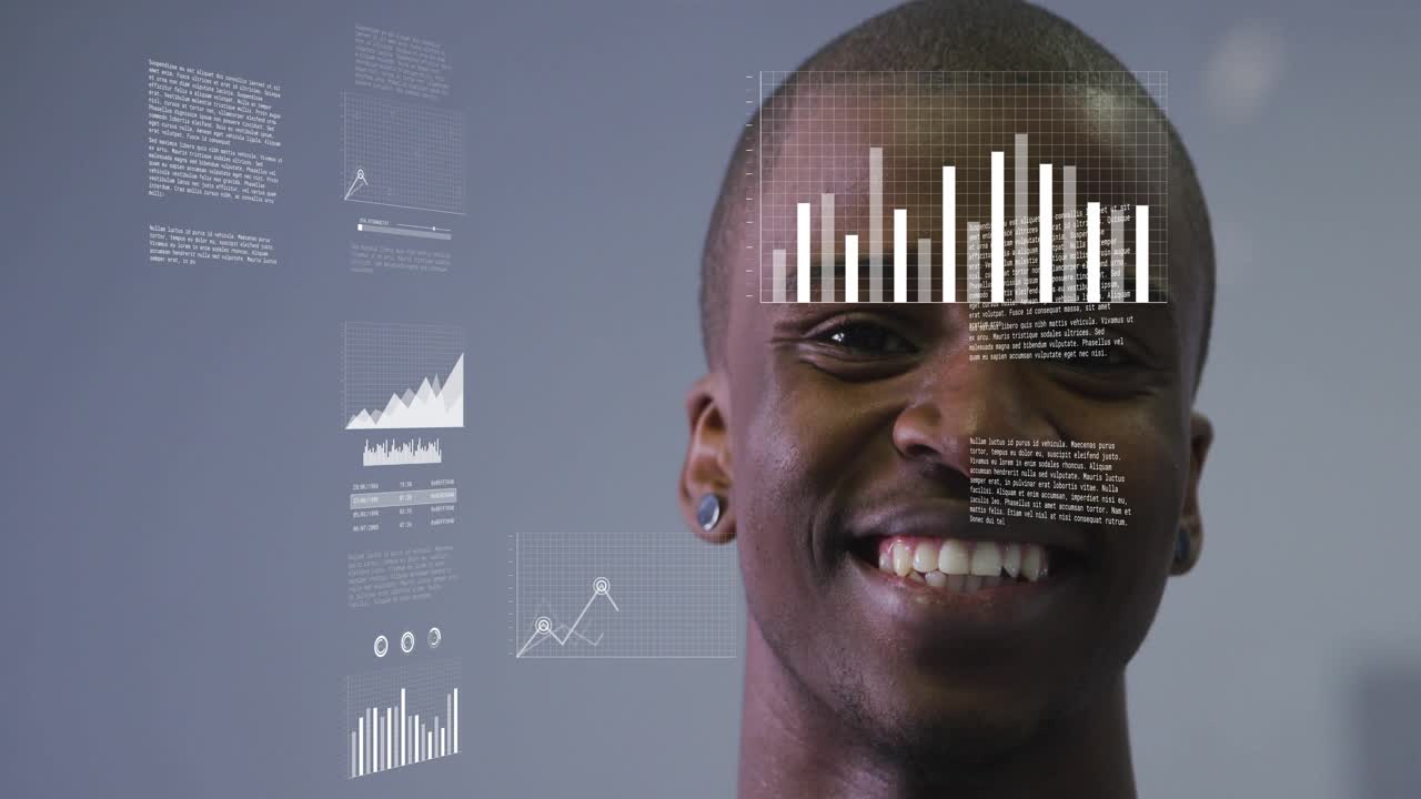 Man standing facing camera in studio tech line graphs appearing and scaling over face causing smile