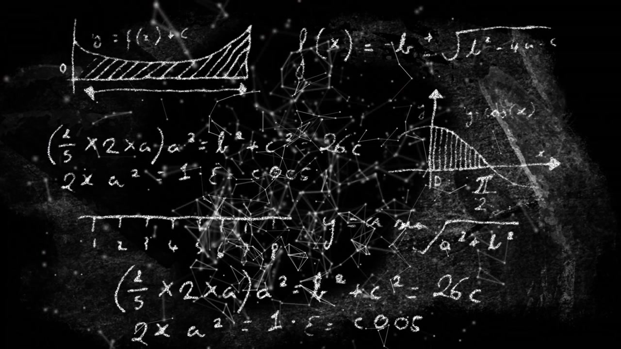 Particle network being visualized on chalkboard-style backdrop, featuring chalk formulas and axes