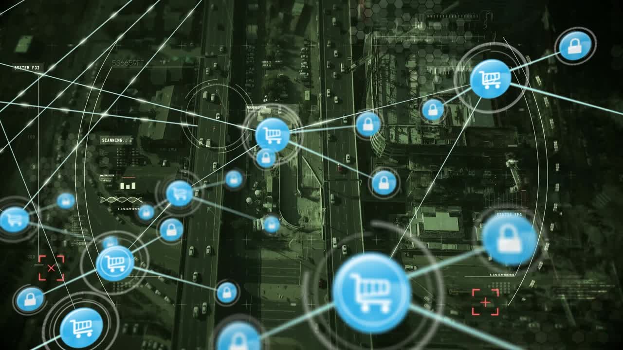 Animazione di una rete di connessioni con icone sul traffico stradale