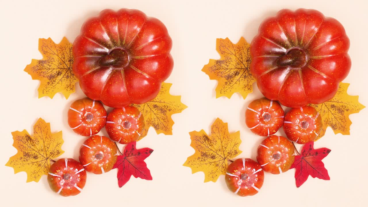 가을의 호박과 잎은 밝은 주제에 나타납니다. 움직임을 멈추십시오.