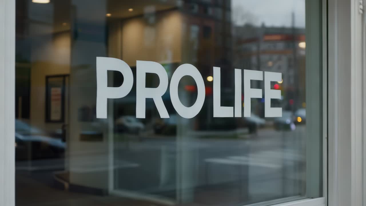 Et hvidt PRO LIFE-mærkat reflekteres i en butiksrude og viser forbipasserende køretøjer fra højre