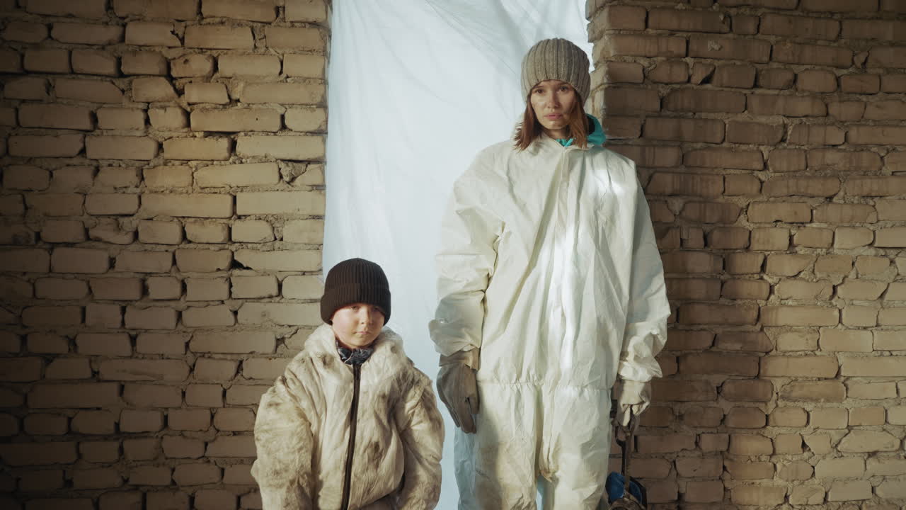 Survivors wearing protective suits and winter hats stand inside abandoned shelter with brick wall background, symbolising struggle for survival after nuclear war catastrophe
