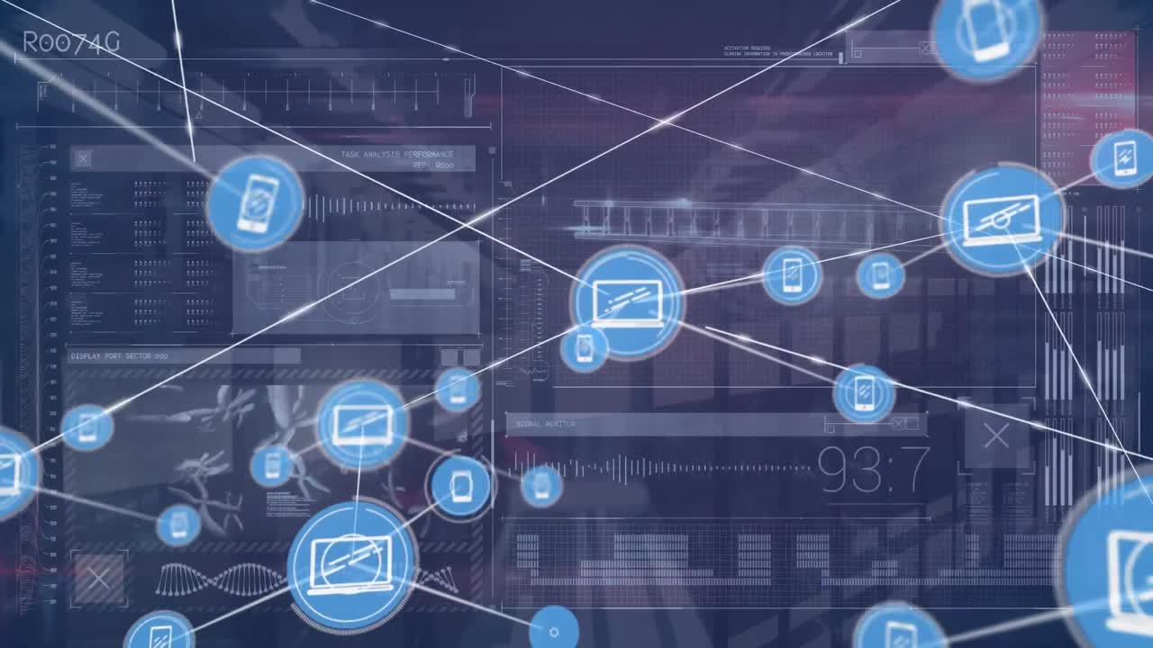 Animation of network of connections with icons over screen with data processing