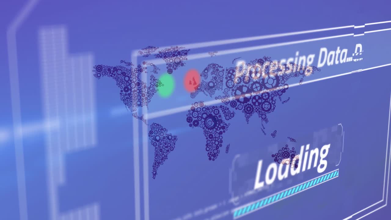 파란색 배경에 대한 세계 지도 위의 데이터 처리 인터페이스의 애니메이션