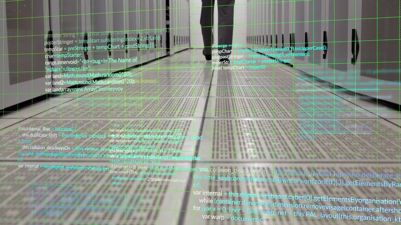 Animation of businessman walking and data processing over server room