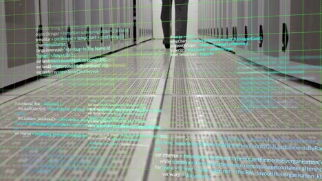 animation of businessman walking and data processing over server room