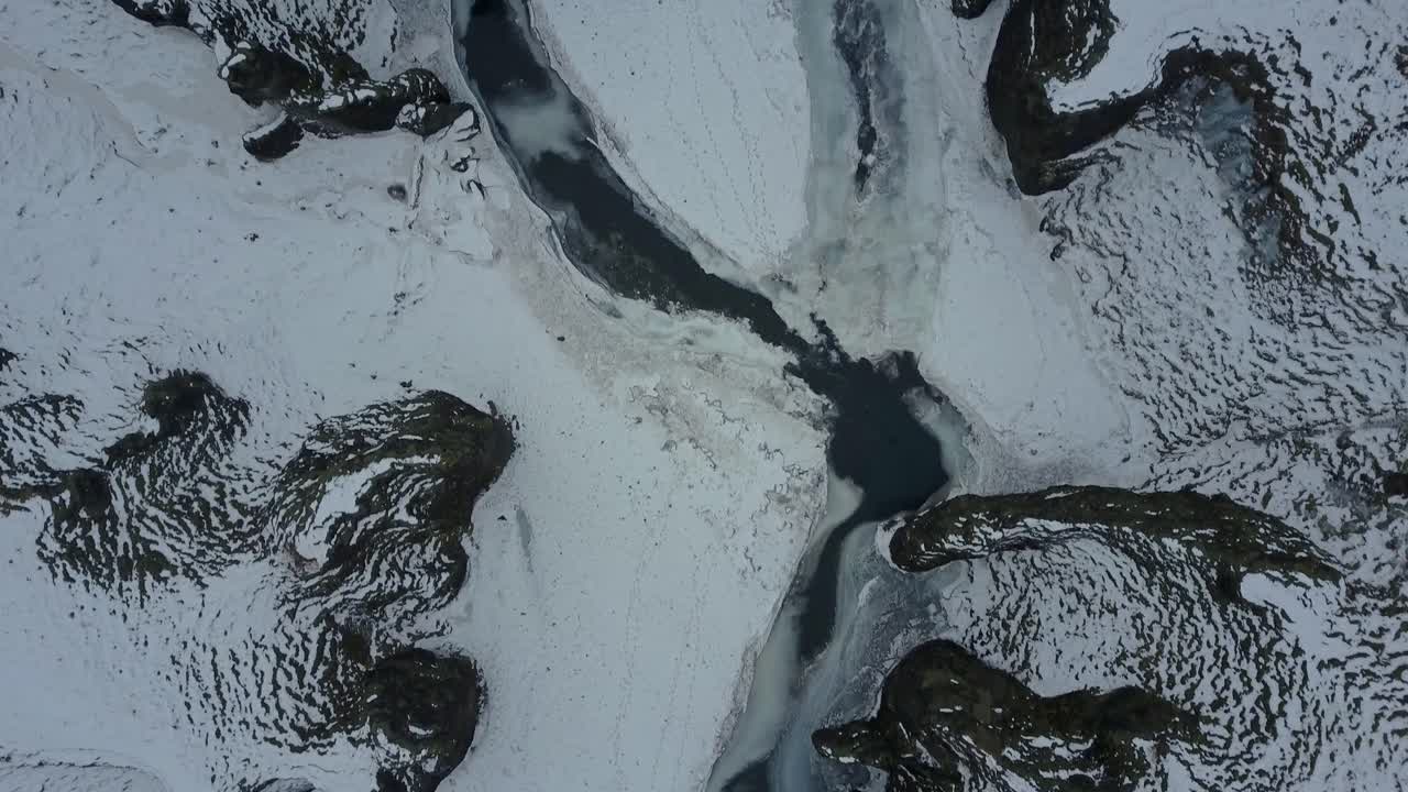 Rocce e neve dell'Islanda con un fiume che scorre in mezzo, ripresa aerea dall'alto con drone in movimento in avanti