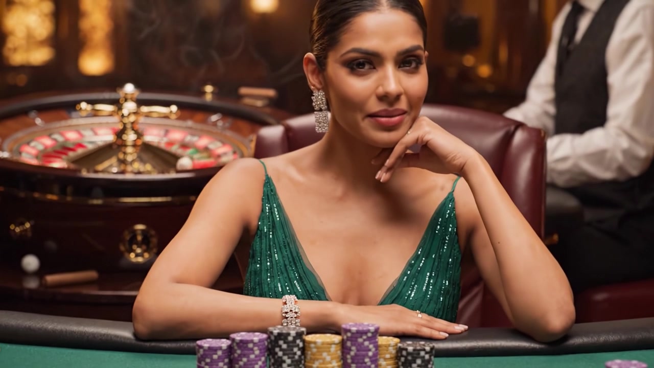 Un momento di tensione al casinò: una donna affascinante mostra sicurezza mentre è impegnata in una partita di roulette ad alto rischio, circondata da fiches e fumo.