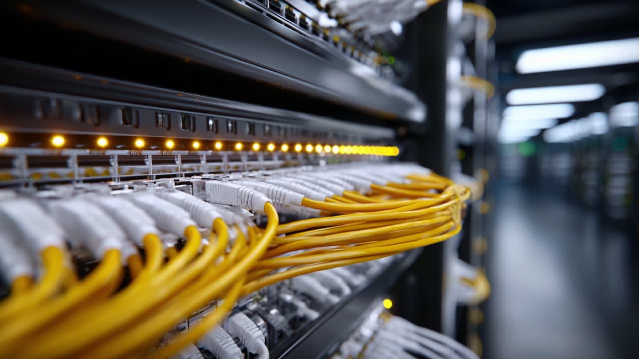 Detailed View of Network Server Rack with Yellow Ethernet Cables and Active LED Lights Illuminating, Showcasing the Heart of Data Transmission Infrastructure