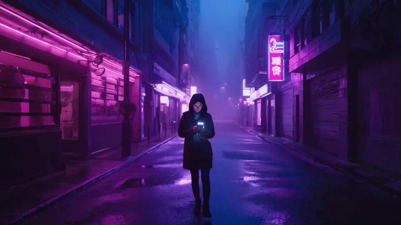 Person Walking on a Neon-Lit Street at Night