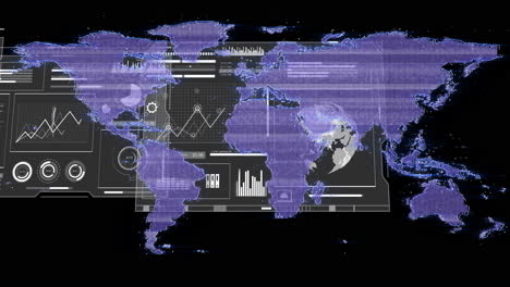 animación del procesamiento de datos y diagramas sobre el mapa del mundo