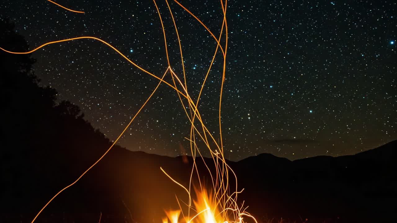 A mesmerizing display of a campfire dancing under a starlit sky, capturing the essence of a tranquil night in nature, where flames intertwine with celestial beauty