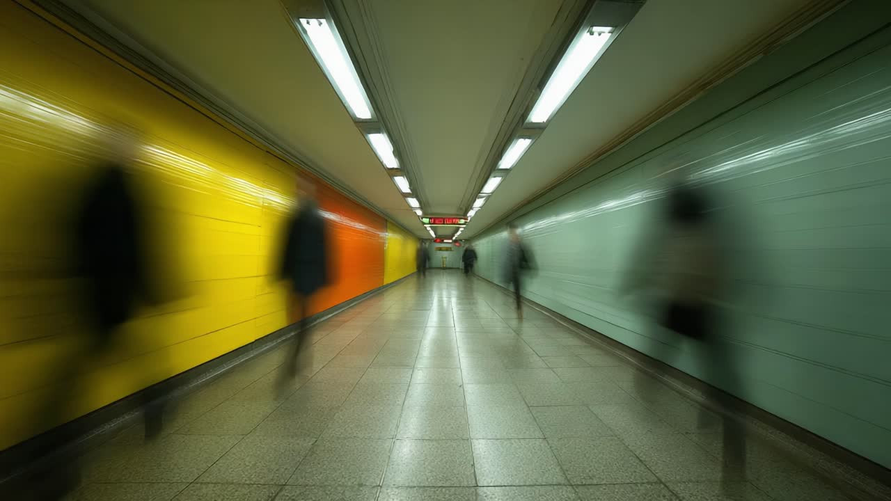 A Dynamic Perspective of a Subway Tunnel Showcasing Movement and Colorful Walls, Capturing the Rush of Commuters in a Blurred Urban Space