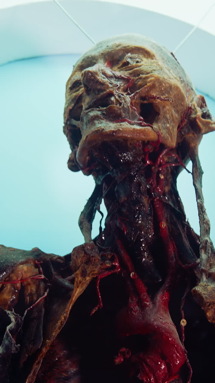 Medical hall of museum. Close up view of human system in medical museum. Vertical video