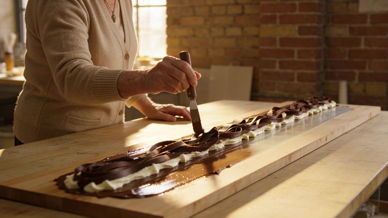 Dipping spatula baker in beige sweater smoothing chocolate glaze on braid at bakery to coat surface