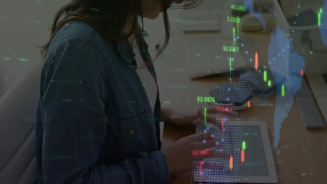 Animación-Del-Procesamiento-De-Datos-Financieros-Contra-Una-Mujer-Caucásica-Usando-Una-Tableta-Digital-En-La-Oficina
